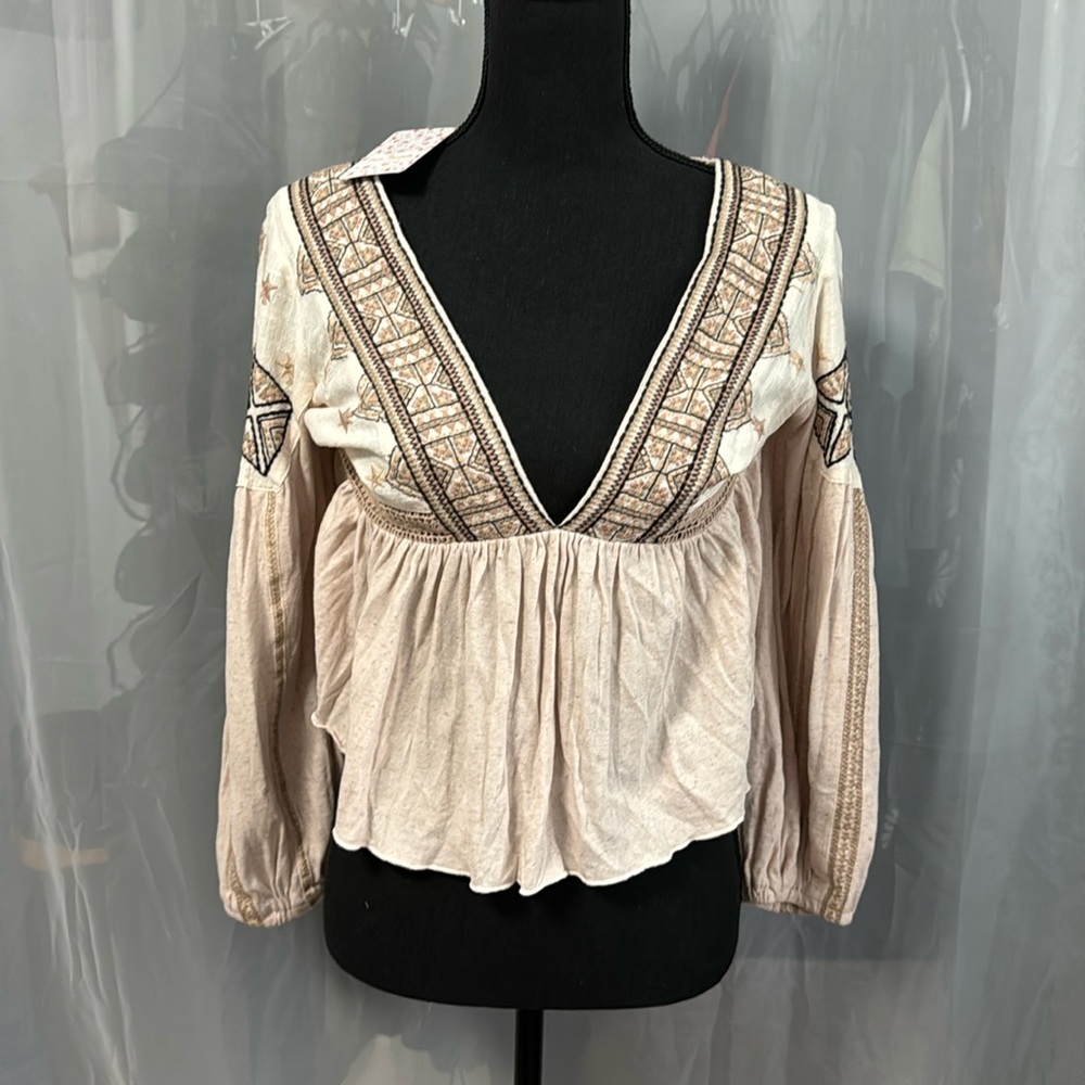 Free People Aria Embroidered Top in Natural Combo